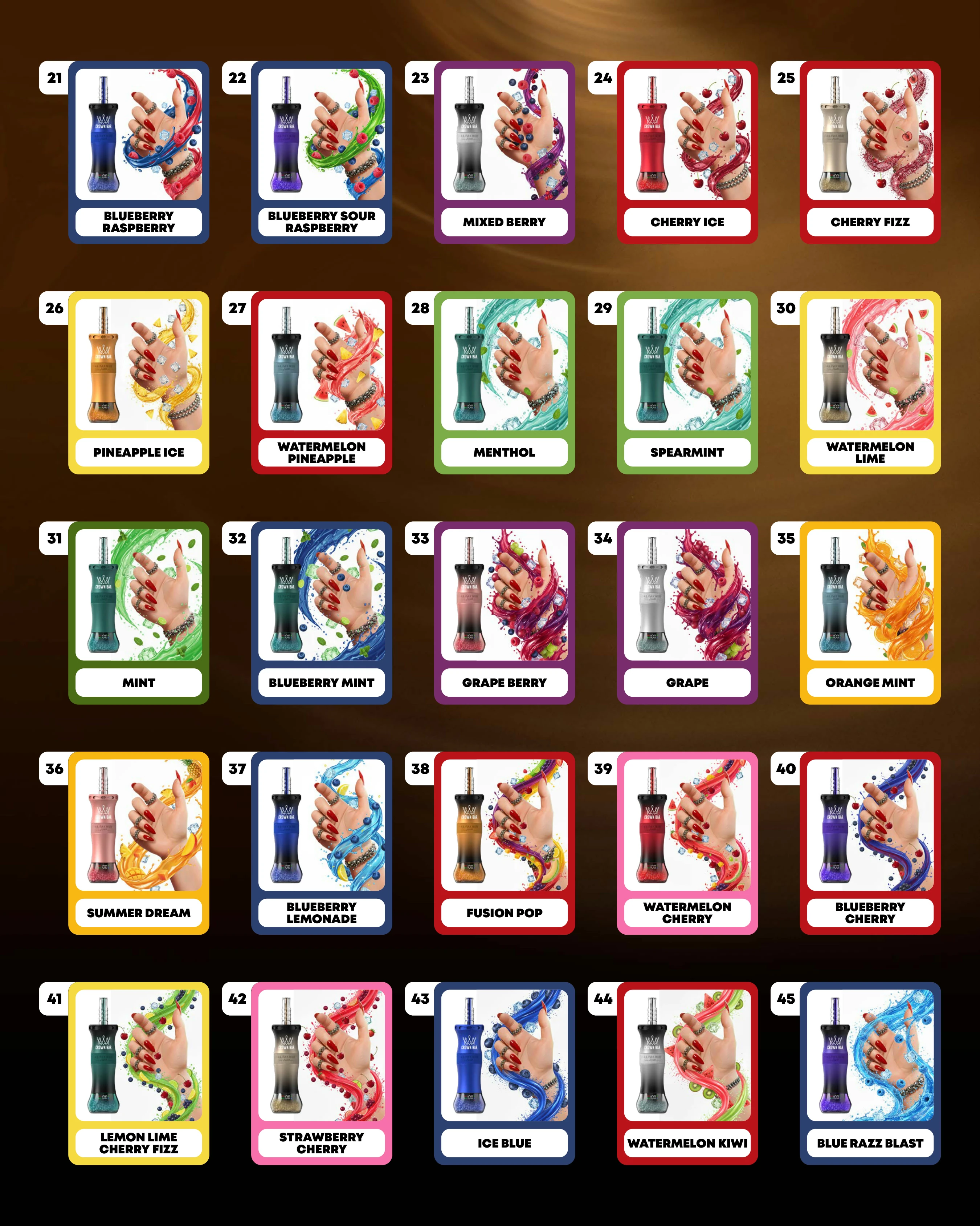 Al Fakher Crown Bar E-Hose X 60K flavor chart featuring flavors 21 through 45 in a numbered grid with hand-held device artwork.