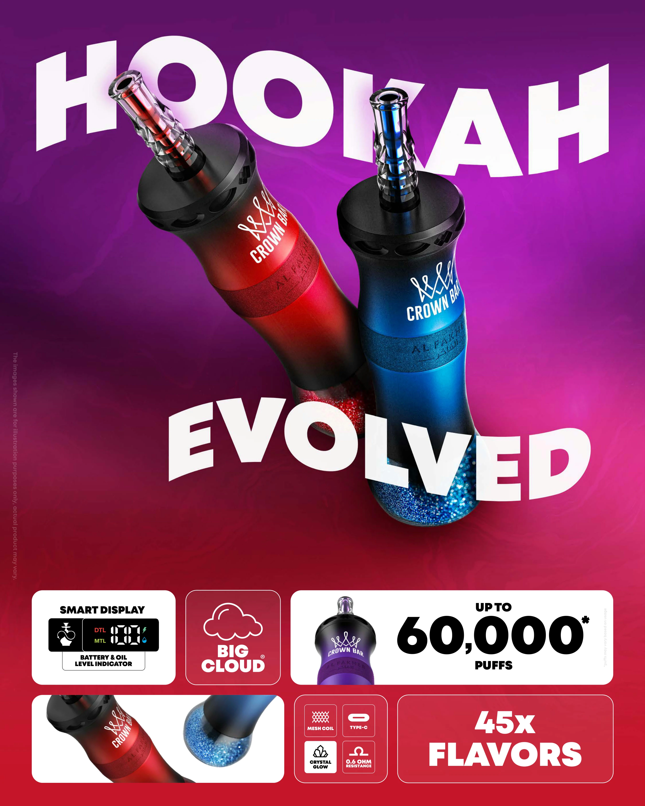 Al Fakher Crown Bar E-Hose X 60K poster showing a hand holding the device with the headline Hookah Evolved.