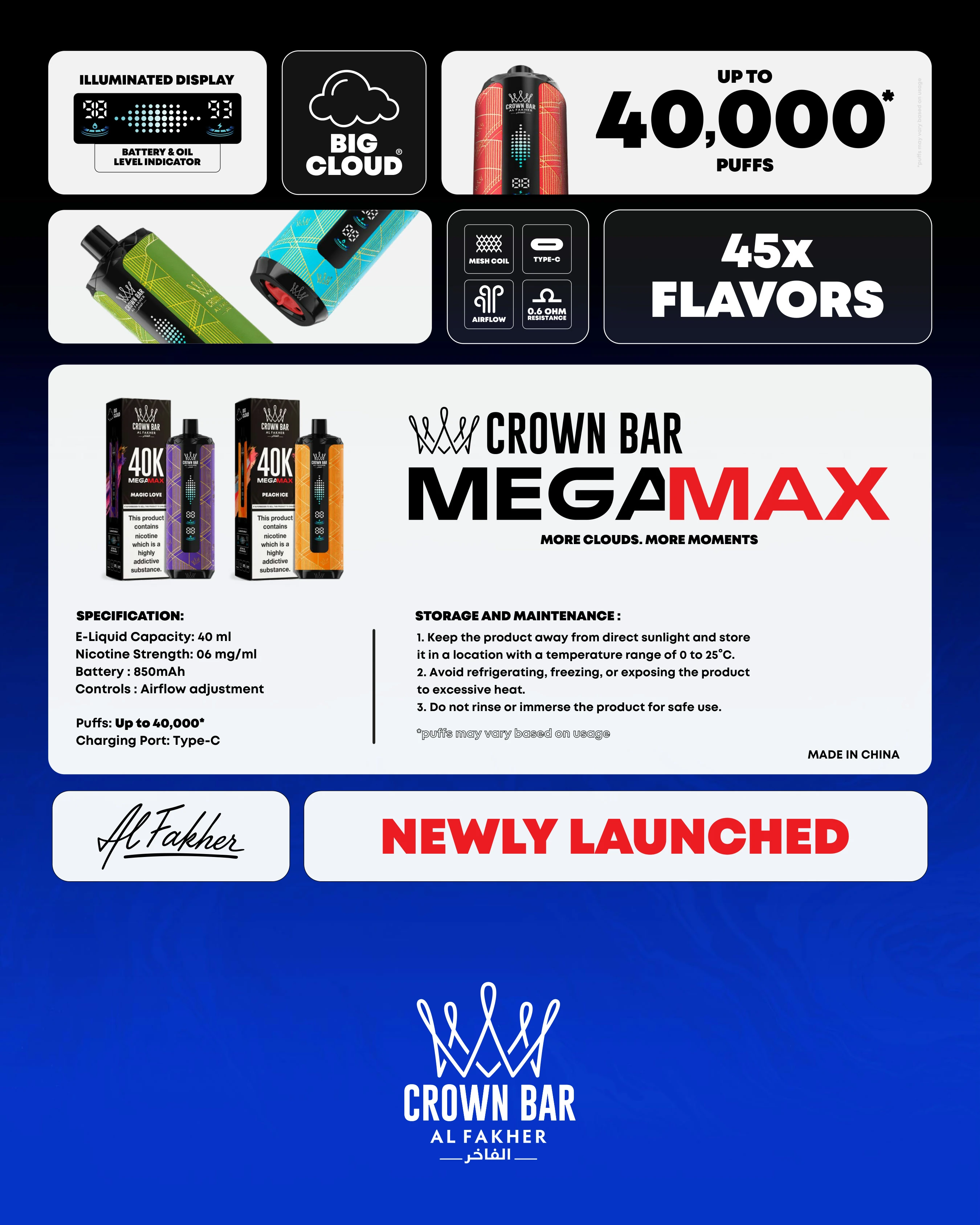 Al Fakher Crown Bar MEGAMAX 40K feature infographic showing illuminated display, 40,000 puffs, 45 flavors, mesh coil, airflow control, and Type-C charging.