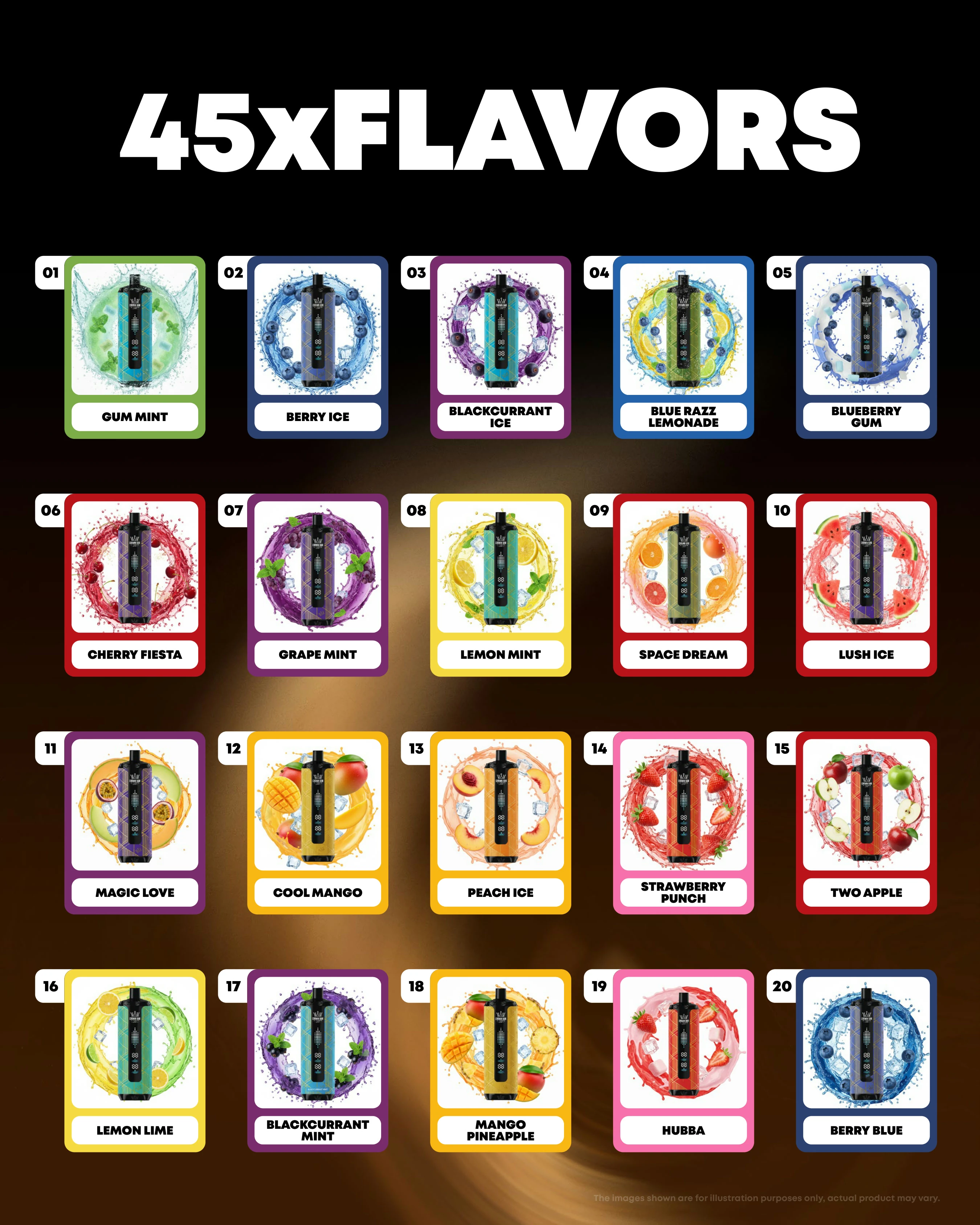 Al Fakher Crown Bar MEGAMAX 40K flavor chart featuring the first 20 flavors in a numbered grid.