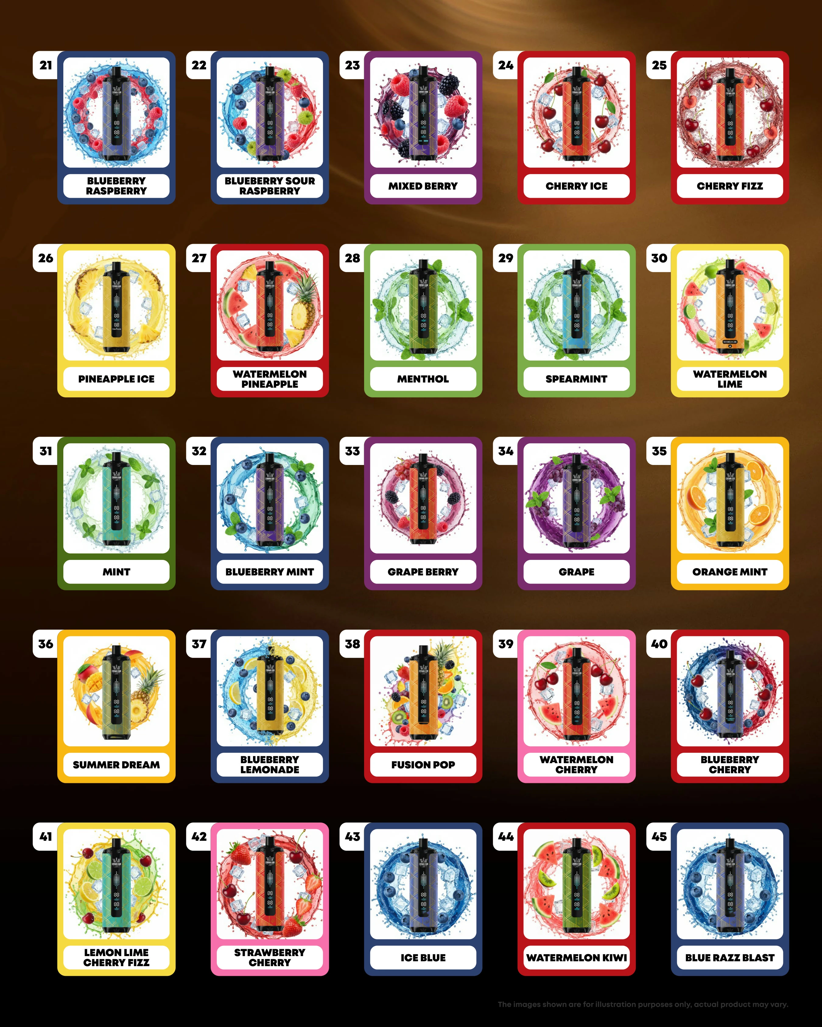 Al Fakher Crown Bar MEGAMAX 40K flavor chart featuring flavors 21 through 45 in a numbered grid.