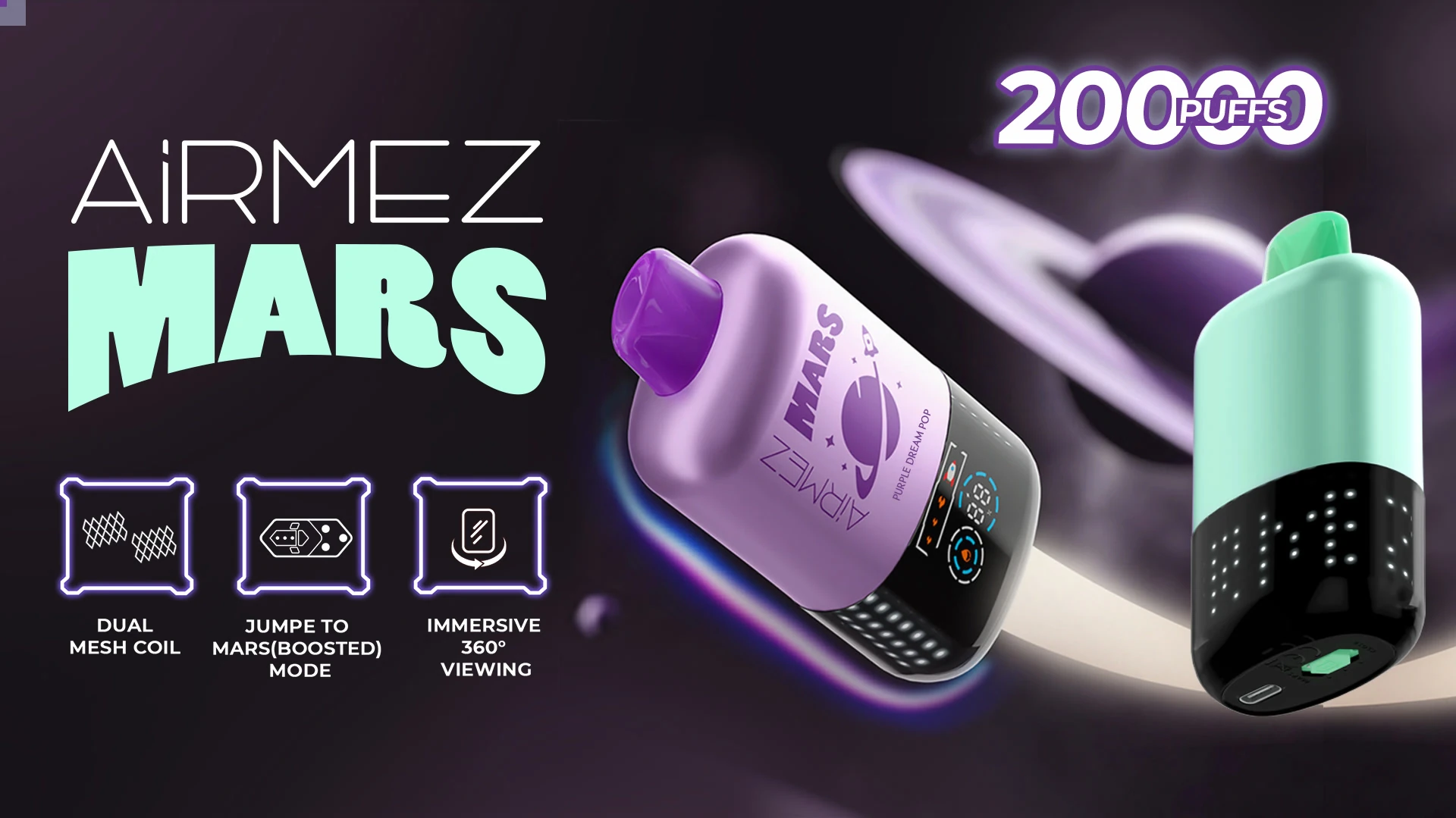 Airmez Mars 20000 puffs banner showing two close-up disposable vape devices with Mars-themed branding and feature icons.
