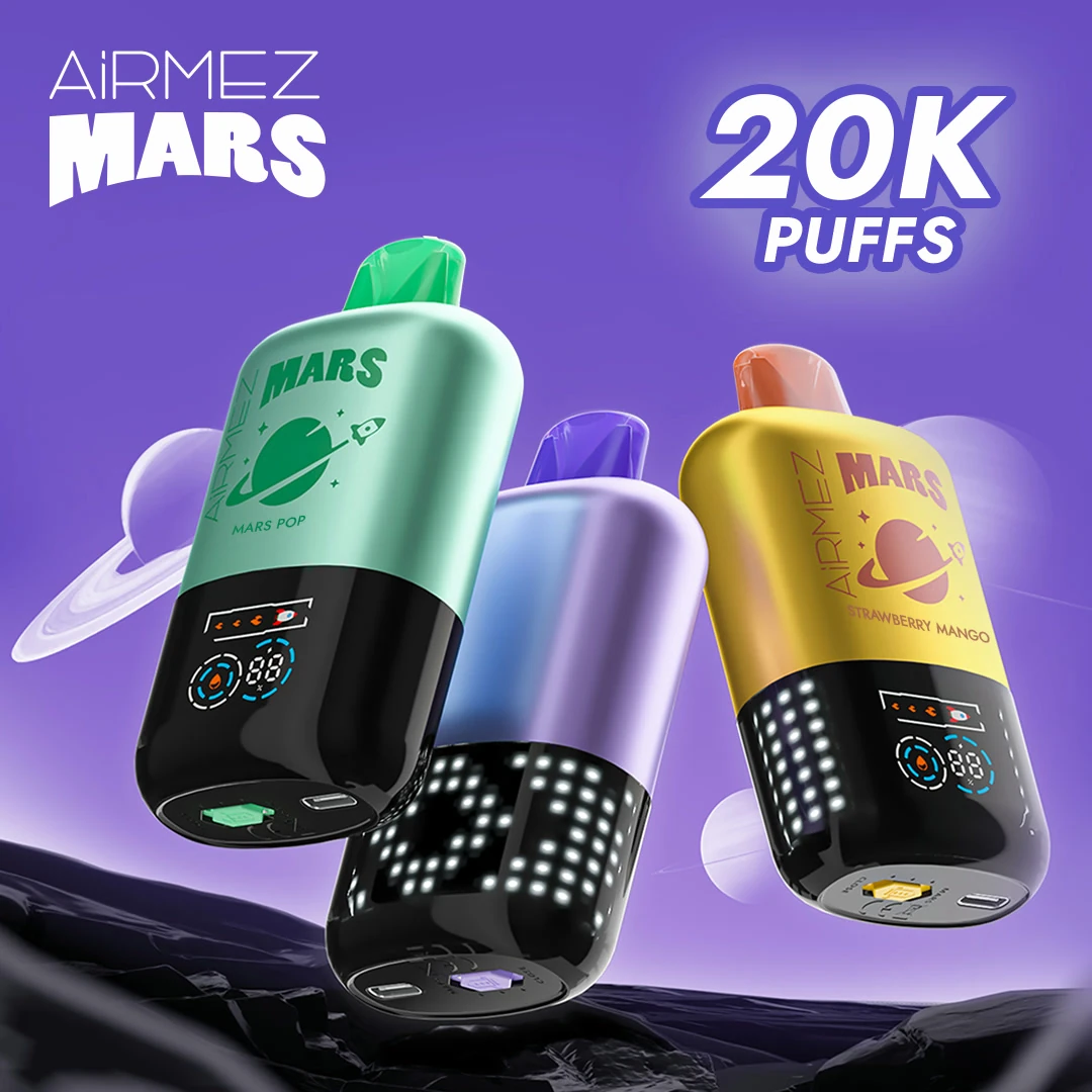 Airmez Mars 20000 puffs disposable vape lineup with three colorful devices floating in a purple space-themed scene.