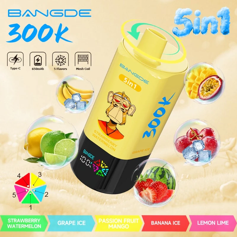 Bang DE 300K 5-in-1 device artwork for Strawberry Watermelon, Blueberry Kiwi, Cola Ice, Mango Peach, and Love 66 flavors.