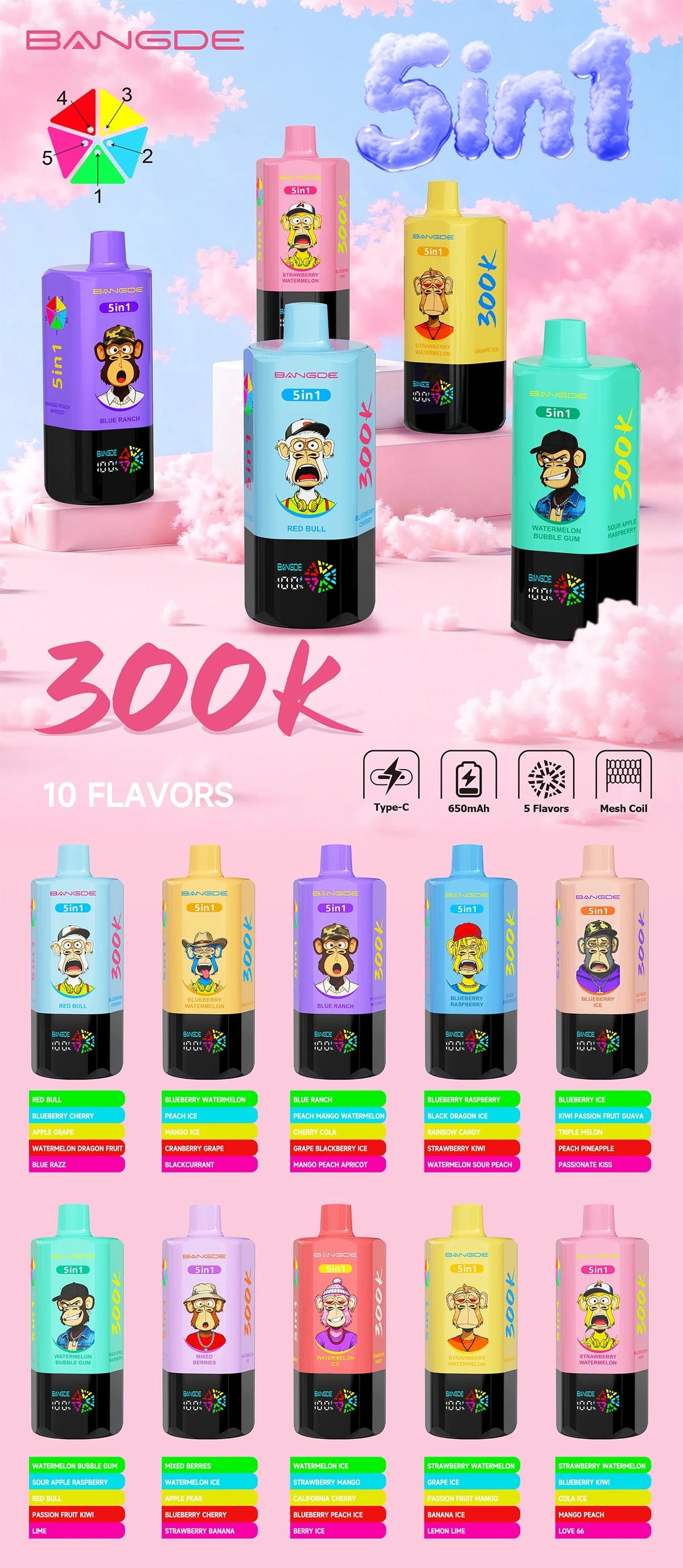 Bang DE 300K 5-in-1 full flavor chart showing 10 device combinations and their five-flavor lists.