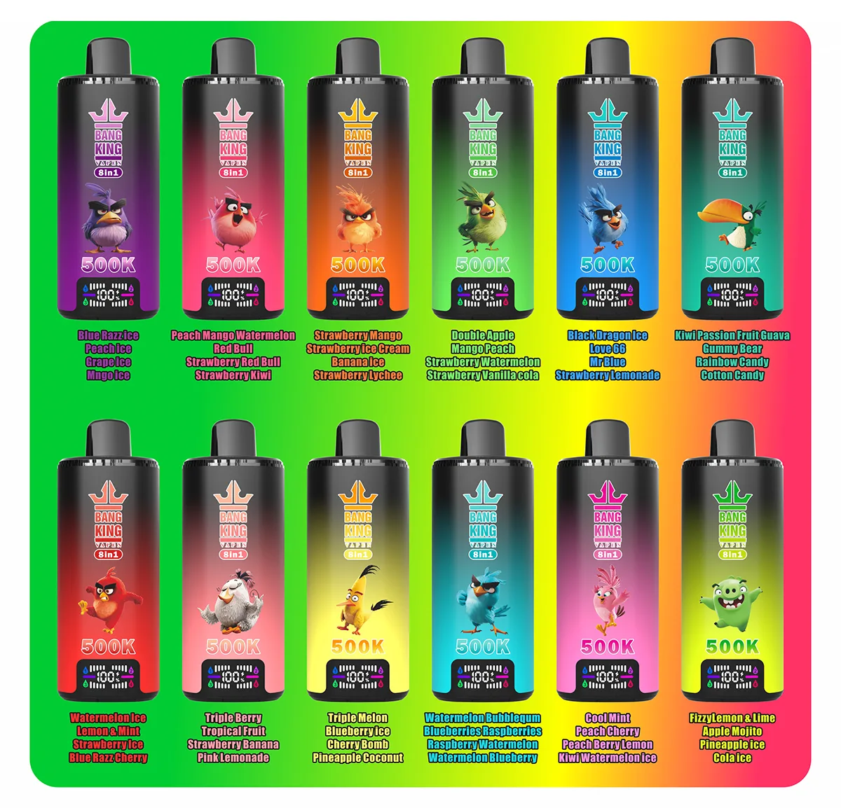 BANG King 500K 8-in-1 full flavor chart showing twelve device editions and their base flavor lists.