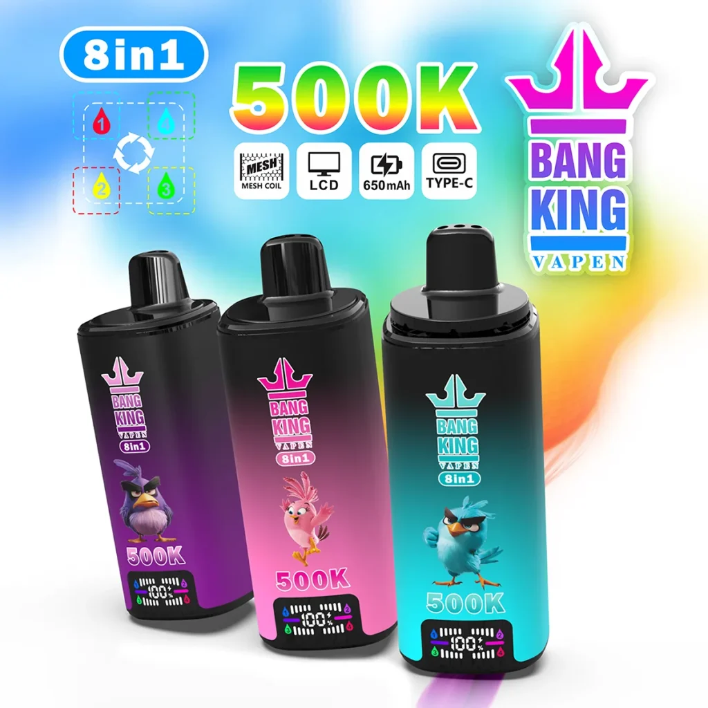 Bang King 500K 8-in-1 promo image showing three device colors with display screens.
