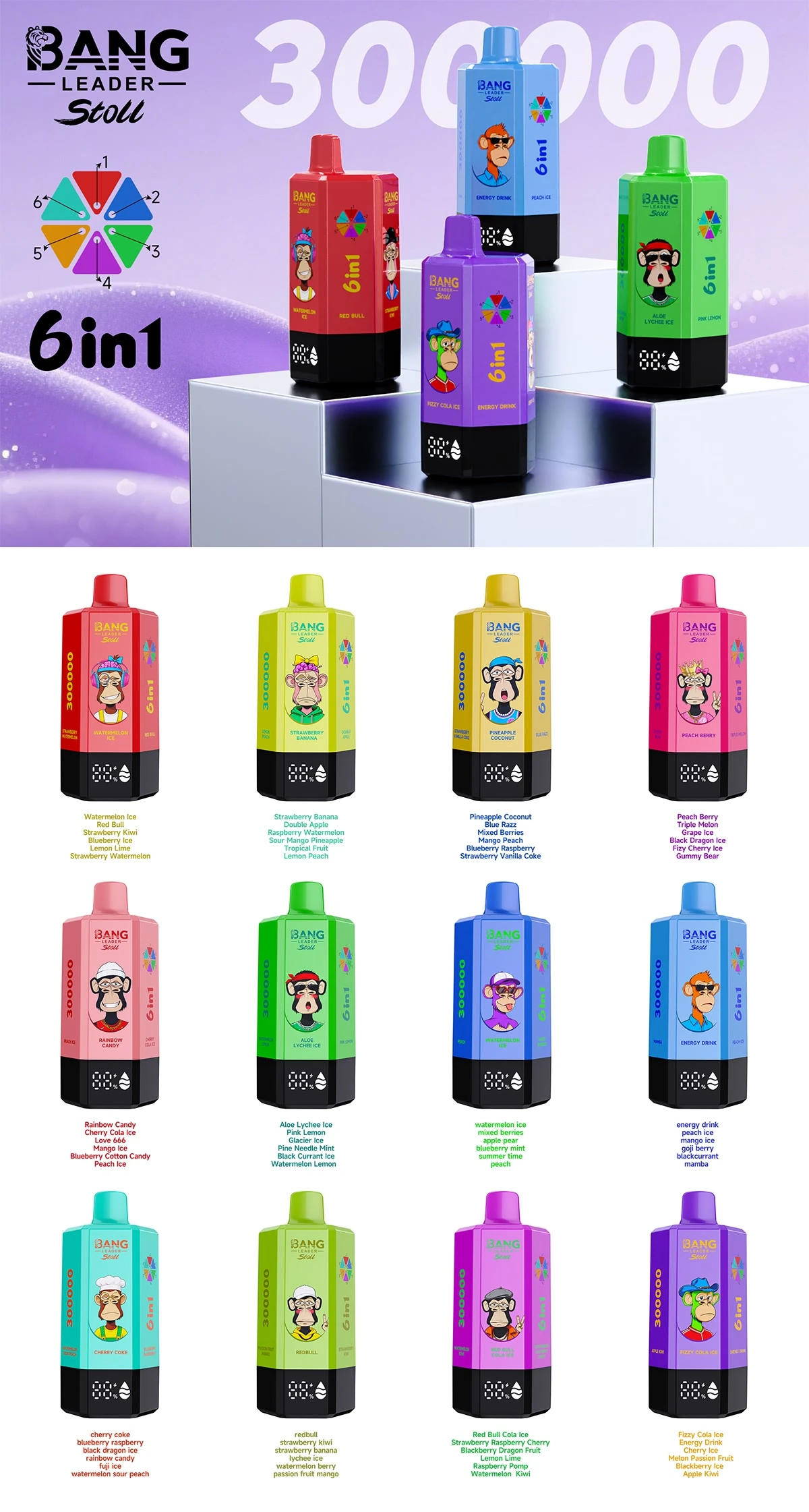 Bang Leader 300K 6-in-1 full flavor chart showing 12 color device variants and their six-flavor lists.