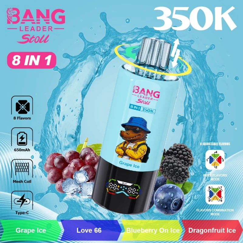Bang Leader 350K 8-in-1 device artwork for Grape Ice, Love 66, Blueberry On Ice, and Dragonfruit Ice flavors.