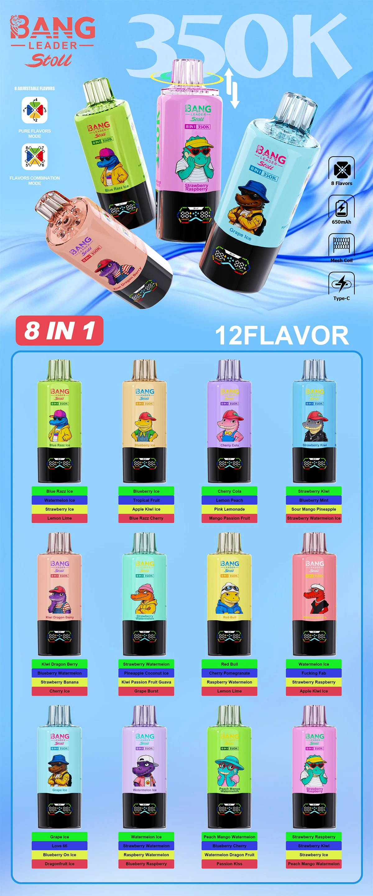 Bang Leader 350K 8-in-1 full flavor chart showing 12 device variants and their four base flavors plus mix modes.