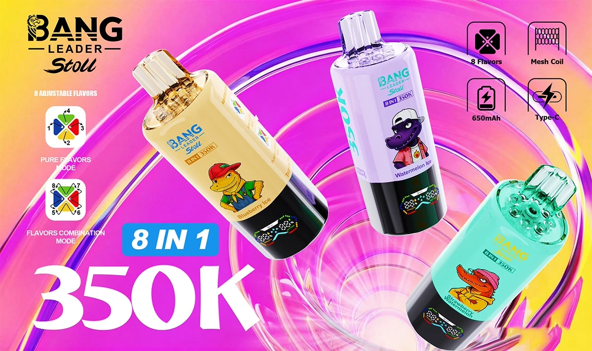 Bang Leader 350K 8-in-1 promo image showing Blueberry Ice, Watermelon Ice, and Strawberry Watermelon devices with feature icons.