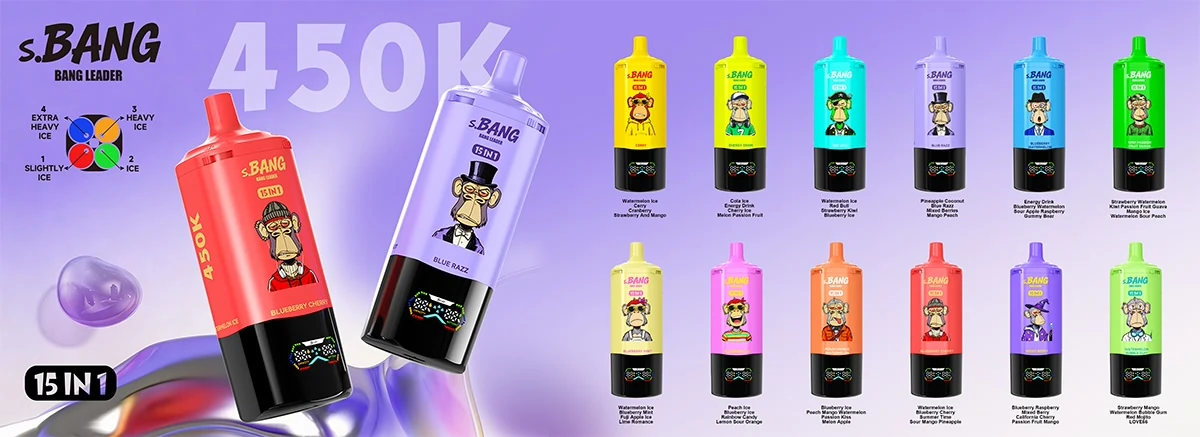 Bang Leader 450K 15-in-1 horizontal flavor chart showing 12 device variants and their flavor combinations.