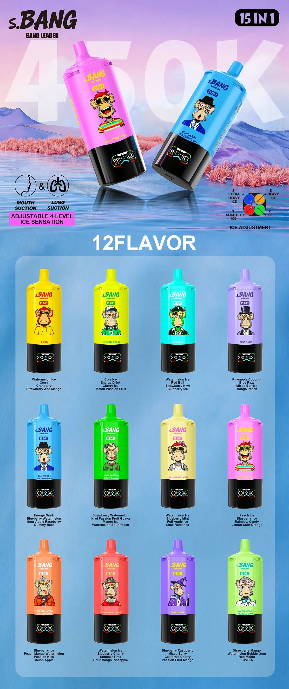 Bang Leader 450K 15-in-1 vertical flavor chart showing 12 device variants with 15-in-1 ice adjustment and flavor details.