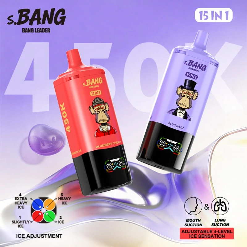 Bang Leader 450K 15-in-1 promo image showing Blueberry Cherry and Blue Razz devices with ice adjustment and suction feature callouts.