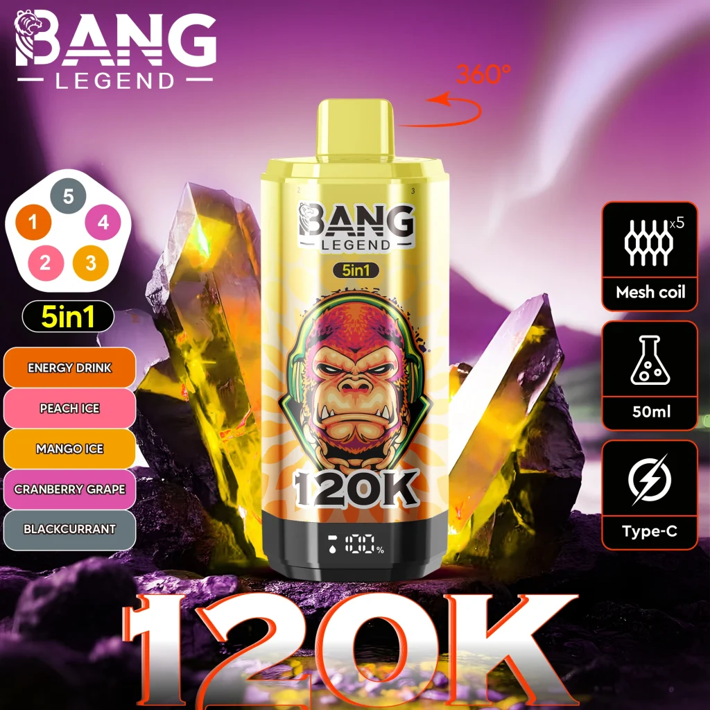 Bang Legend 120K device poster for Energy Drink, Peach Ice, Mango Ice, Cranberry Grape, and Blackcurrant.