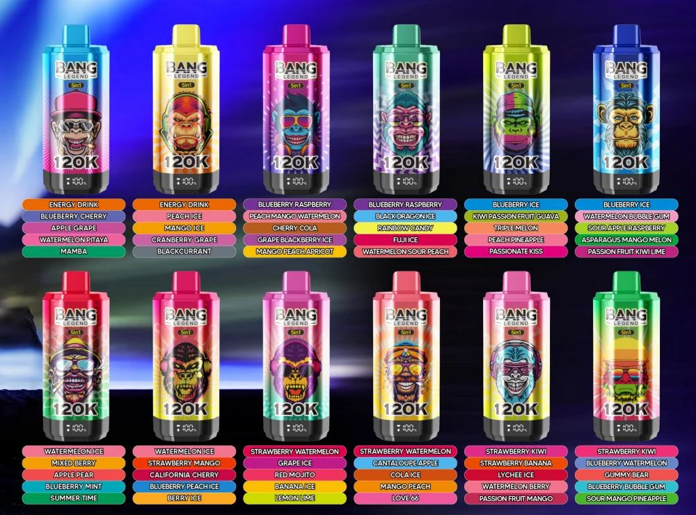 Bang Legend 120K full flavor chart showing 12 five-in-one device variants and their flavor combinations.