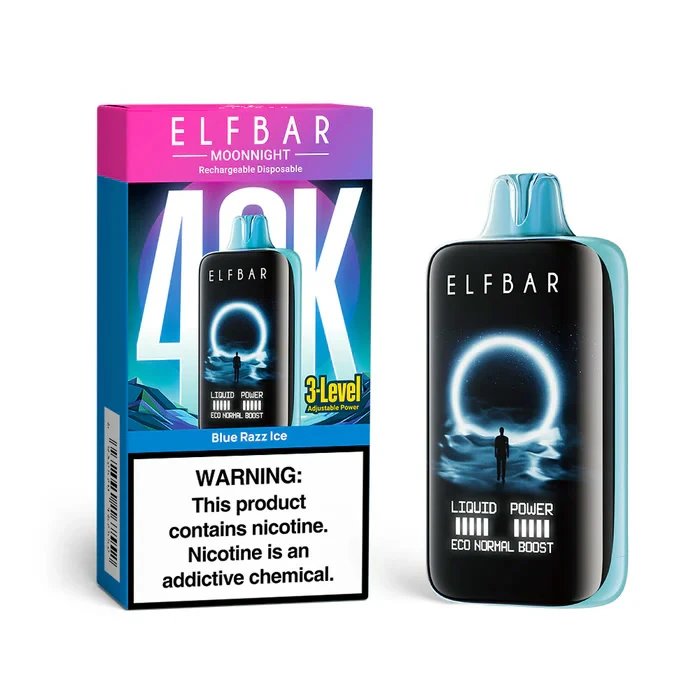 ELFBAR Moon Night 40000 Blue Razz Ice disposable vape showing the product box and matching device on a white background.
