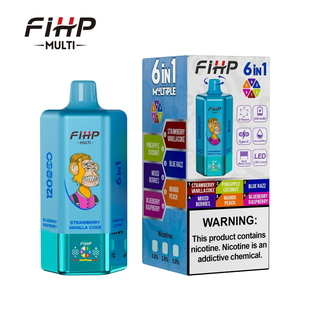 FIHP 120K 6-in-1 blue disposable vape with retail box shown on a white background.