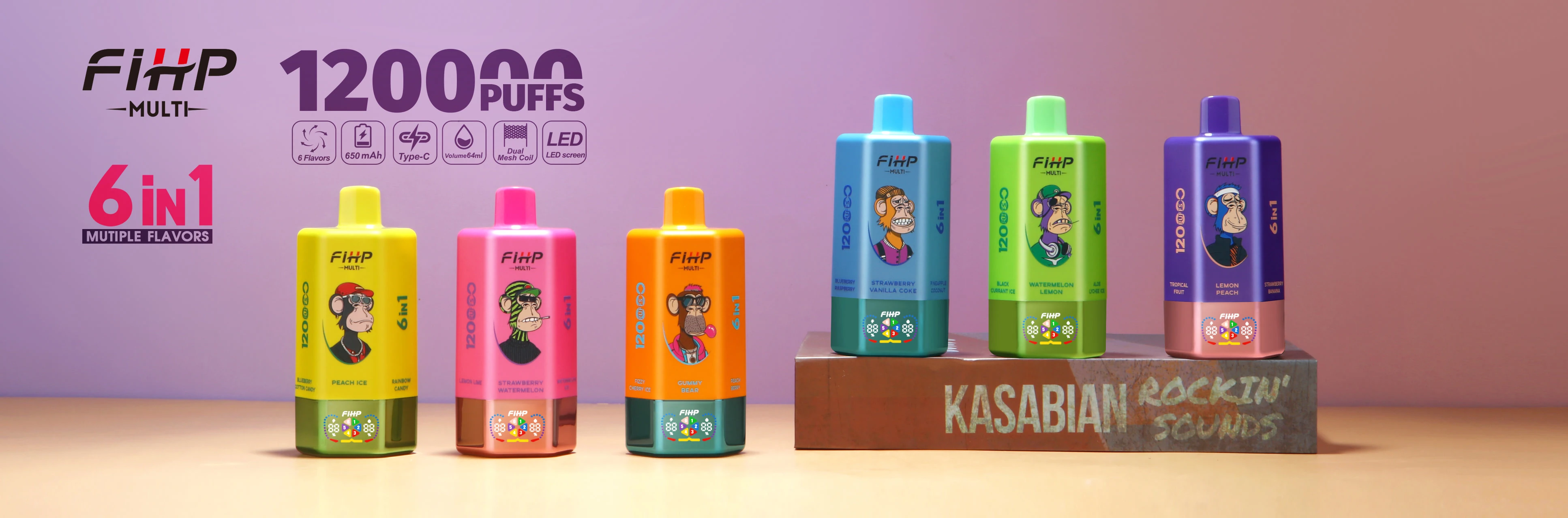 Wide lineup banner for FIHP 120K 6-in-1 showing multiple device colors arranged on a tabletop.