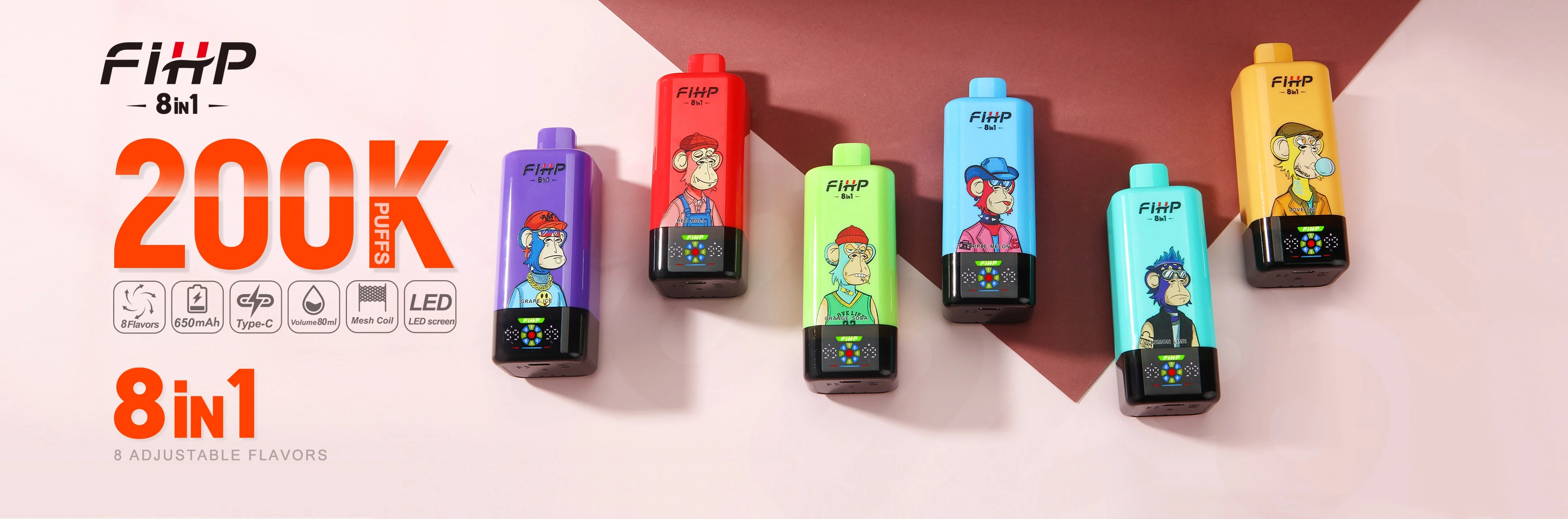 Wide lineup banner for FIHP 200K 8-in-1 showing multiple device colors and the 8-in-1 concept.