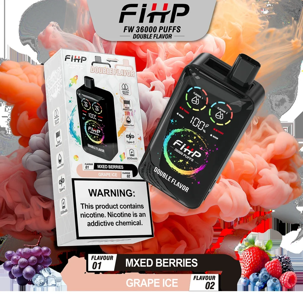 Flavor poster for FIHP 36K 2-in-1 showing Mixed Berries and Grape Ice flavor pairing.