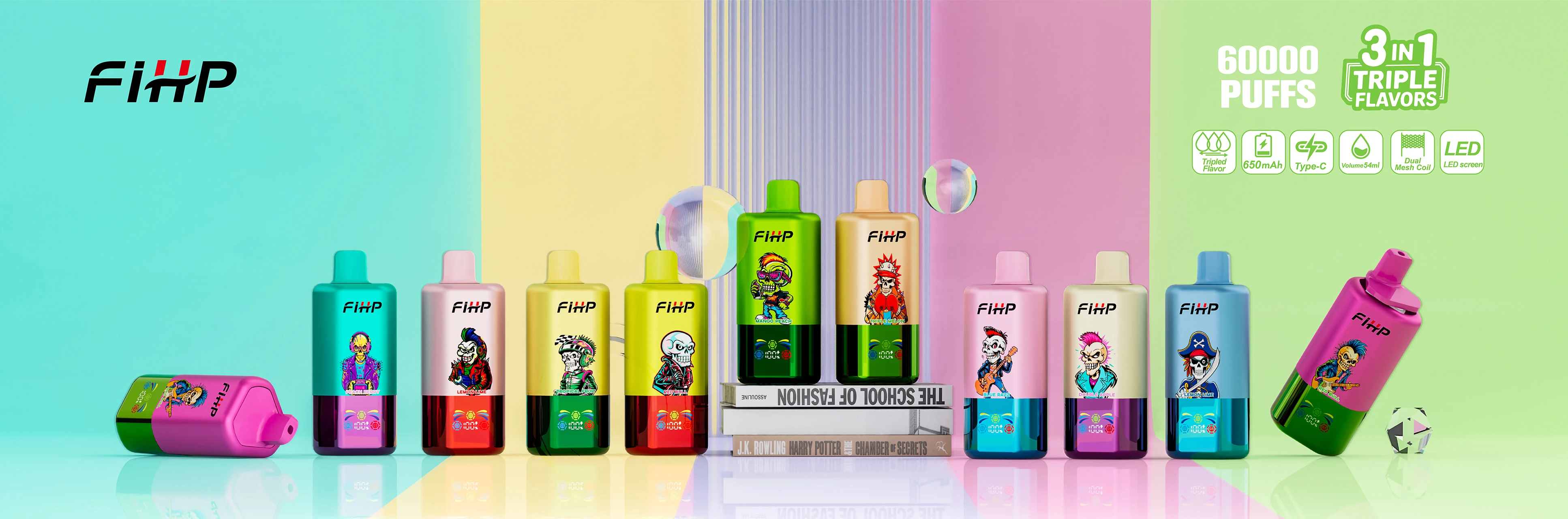Wide lineup banner for FIHP 60K 3-in-1 showing the full device range on a pastel background.