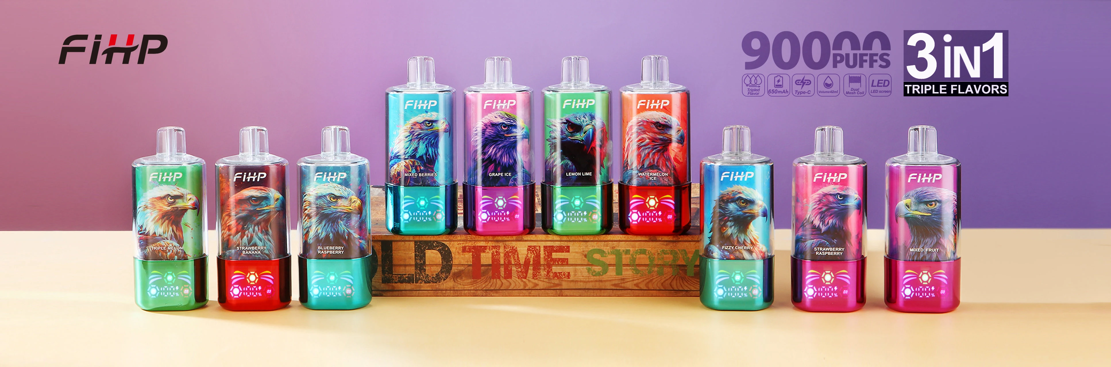 Wide lineup banner for FIHP 90K 3-in-1 showing multiple eagle artwork devices arranged together.