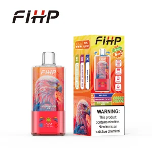 FIHP 90K 3-in-1 red eagle artwork disposable vape with retail box shown on a white background.