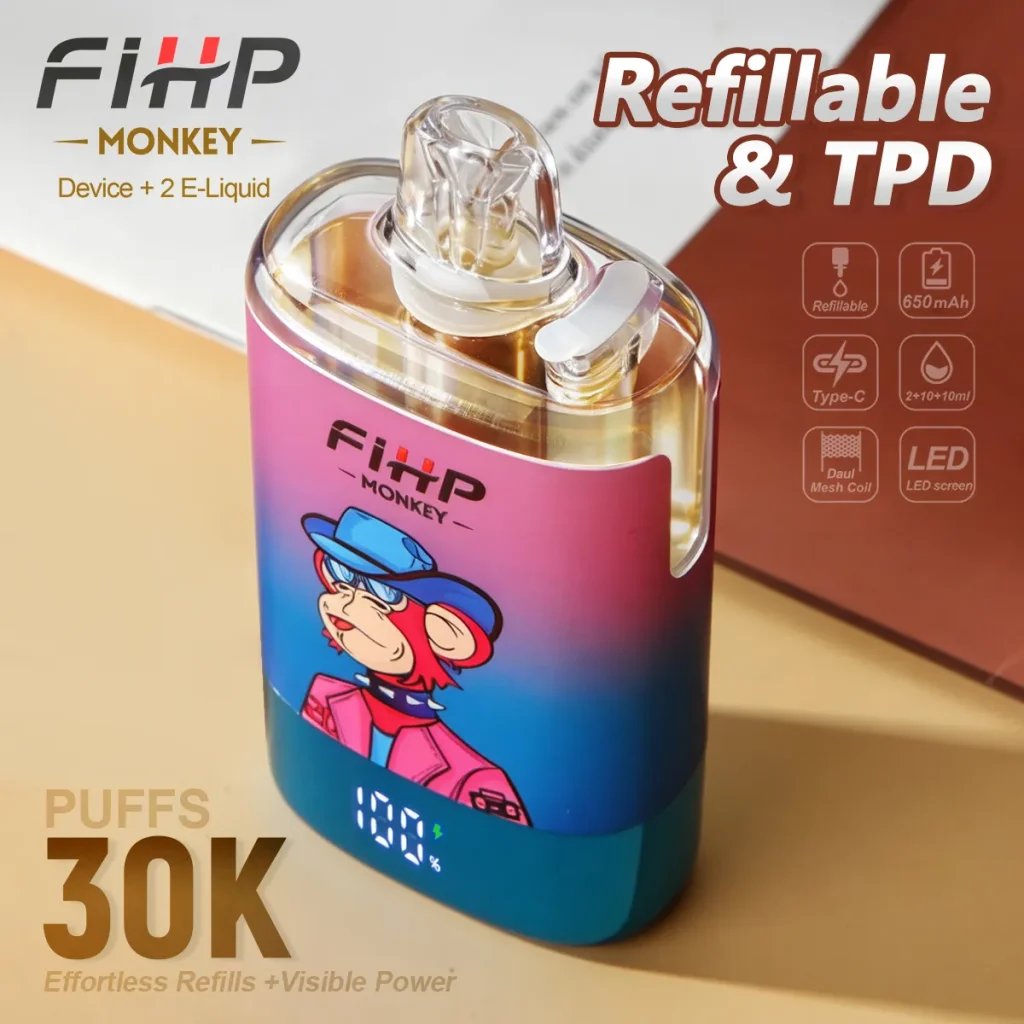 FIHP Monkey 30K refillable disposable vape cover image showing device, refill bottle and product box.