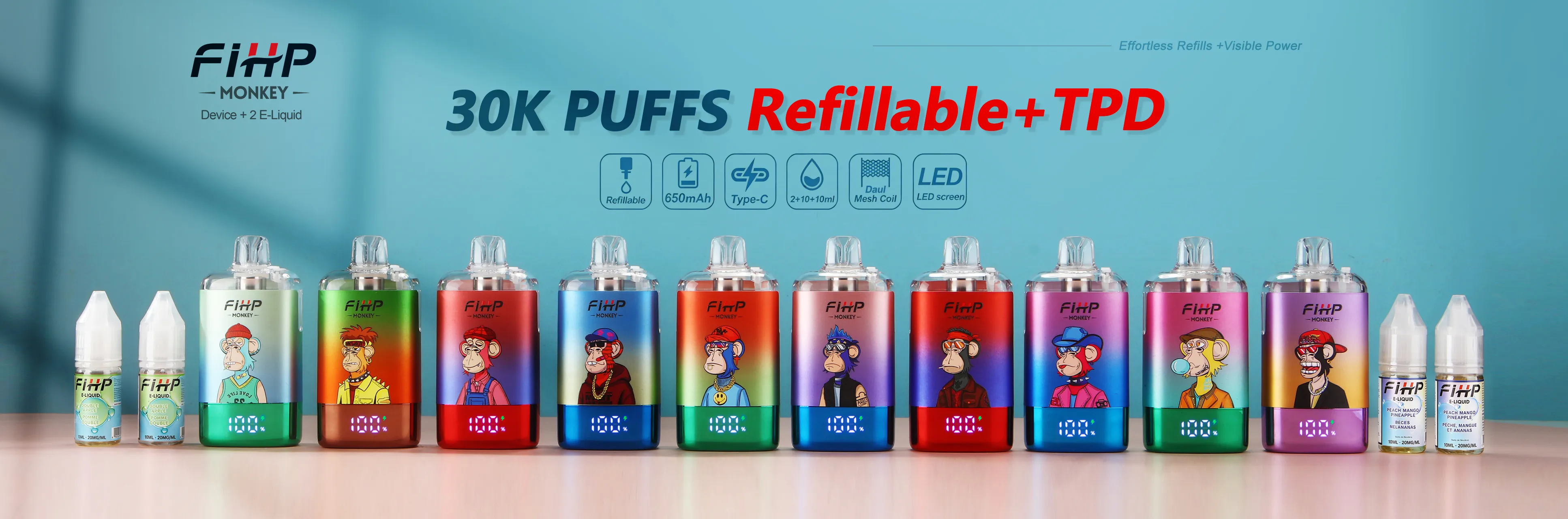 Wide lineup banner for FIHP Monkey 30K showing the full refillable device flavor range.