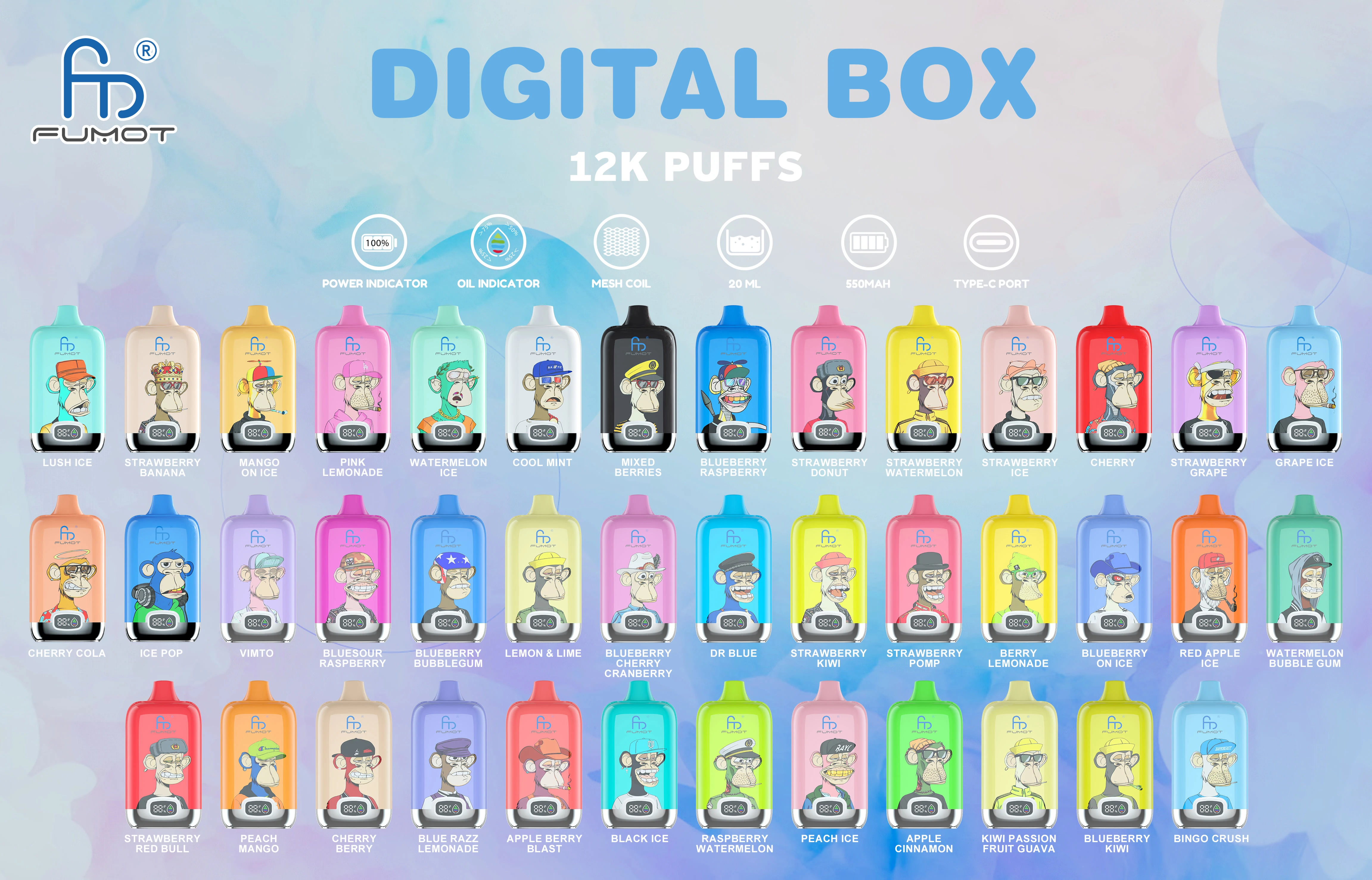 Flavor lineup poster for Fumot Digital Box 12000 showing a large range of available flavors.