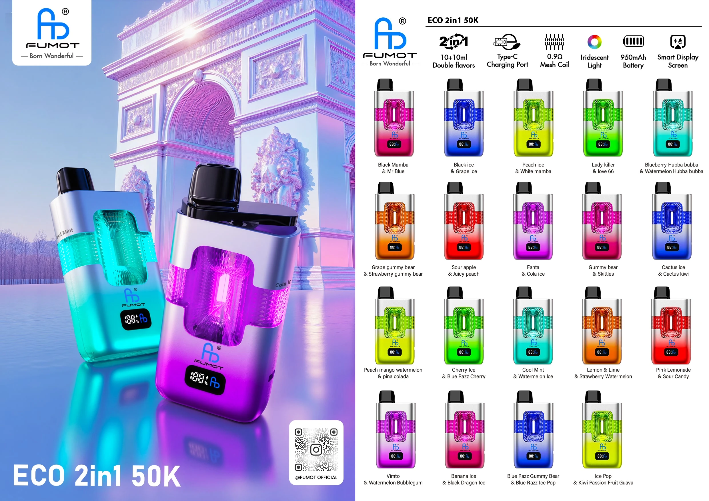 Flavor lineup poster for Fumot ECO 2-in-1 50K showing many device variants together.