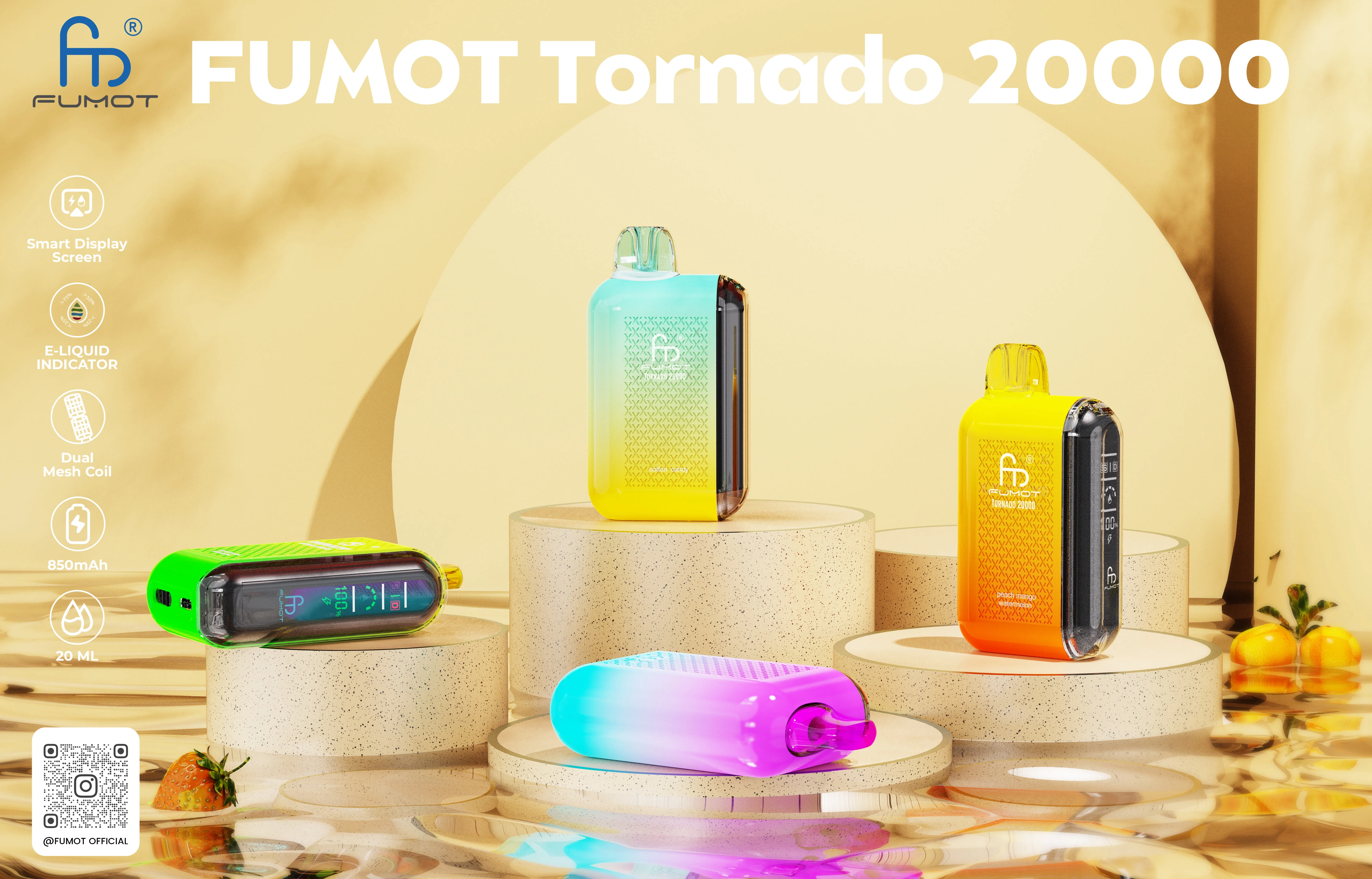 Wide overview banner for Fumot Tornado 20000 showing core specs, hero product styling, and multiple flavors.