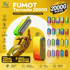 Overview poster for Fumot Tornado 20000 showing the product hero device, specifications, and flavor range.