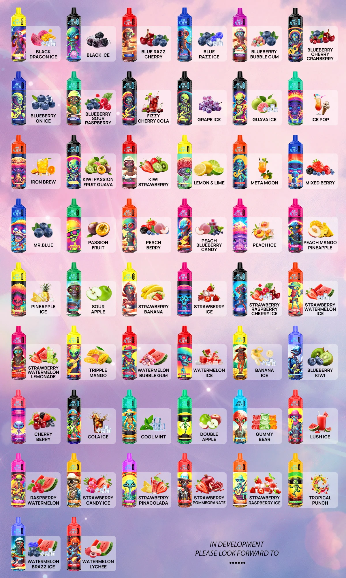 JNR Alien 10K flavor lineup poster showing the full range of confirmed flavors with device thumbnails.