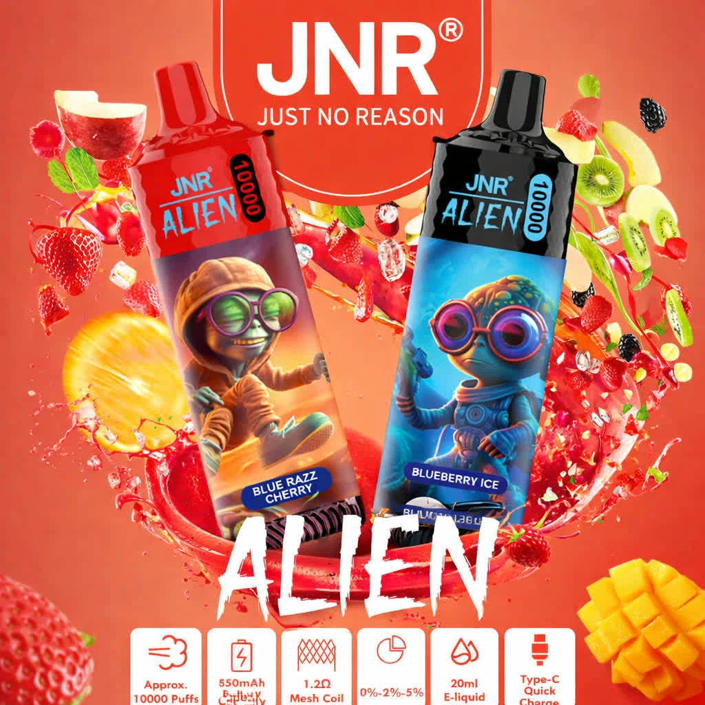 JNR Alien 10K branding poster showing two device variants with fruit splash styling.