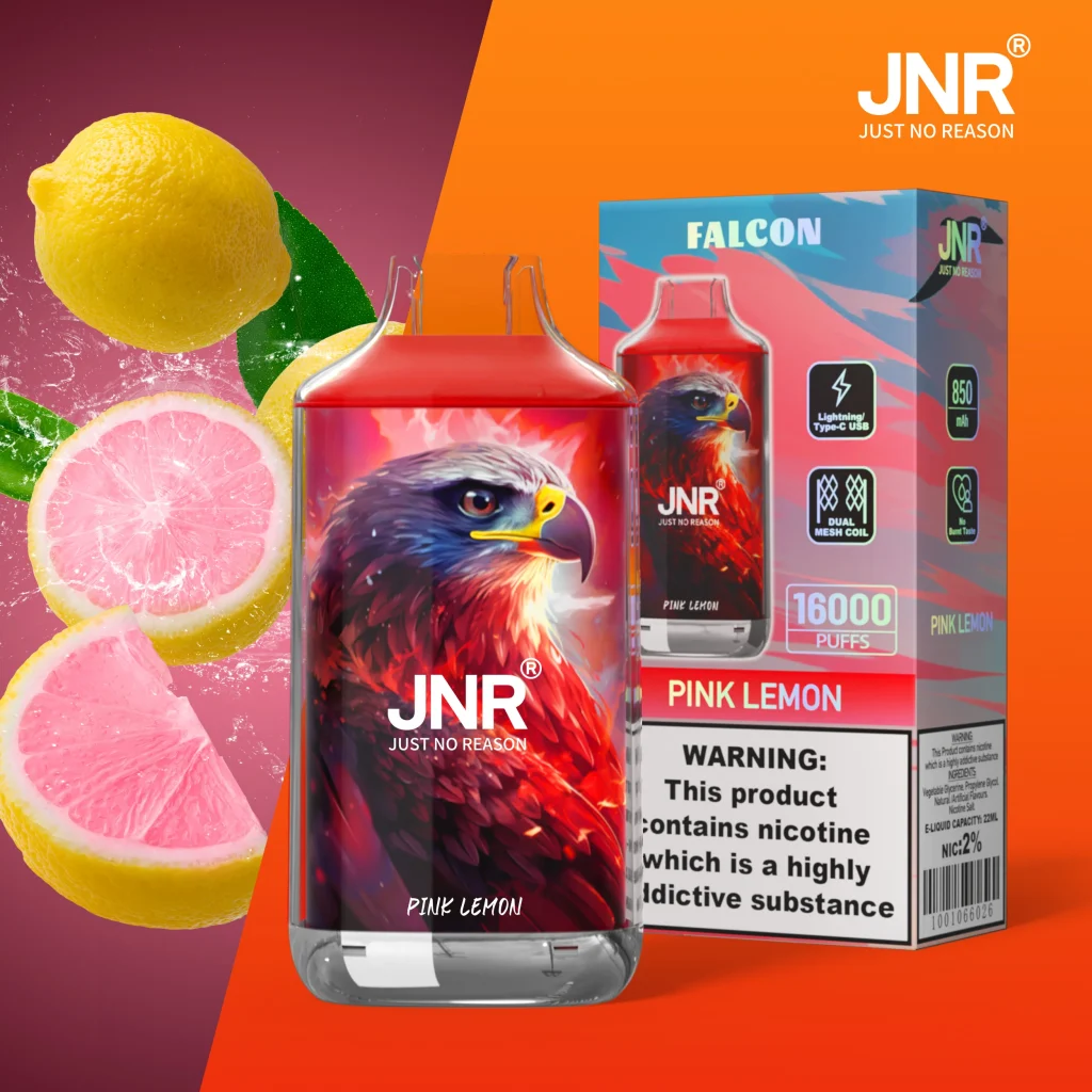 JNR Falcon 16K Pink Lemon flavor poster showing the device and retail box with pink citrus styling.