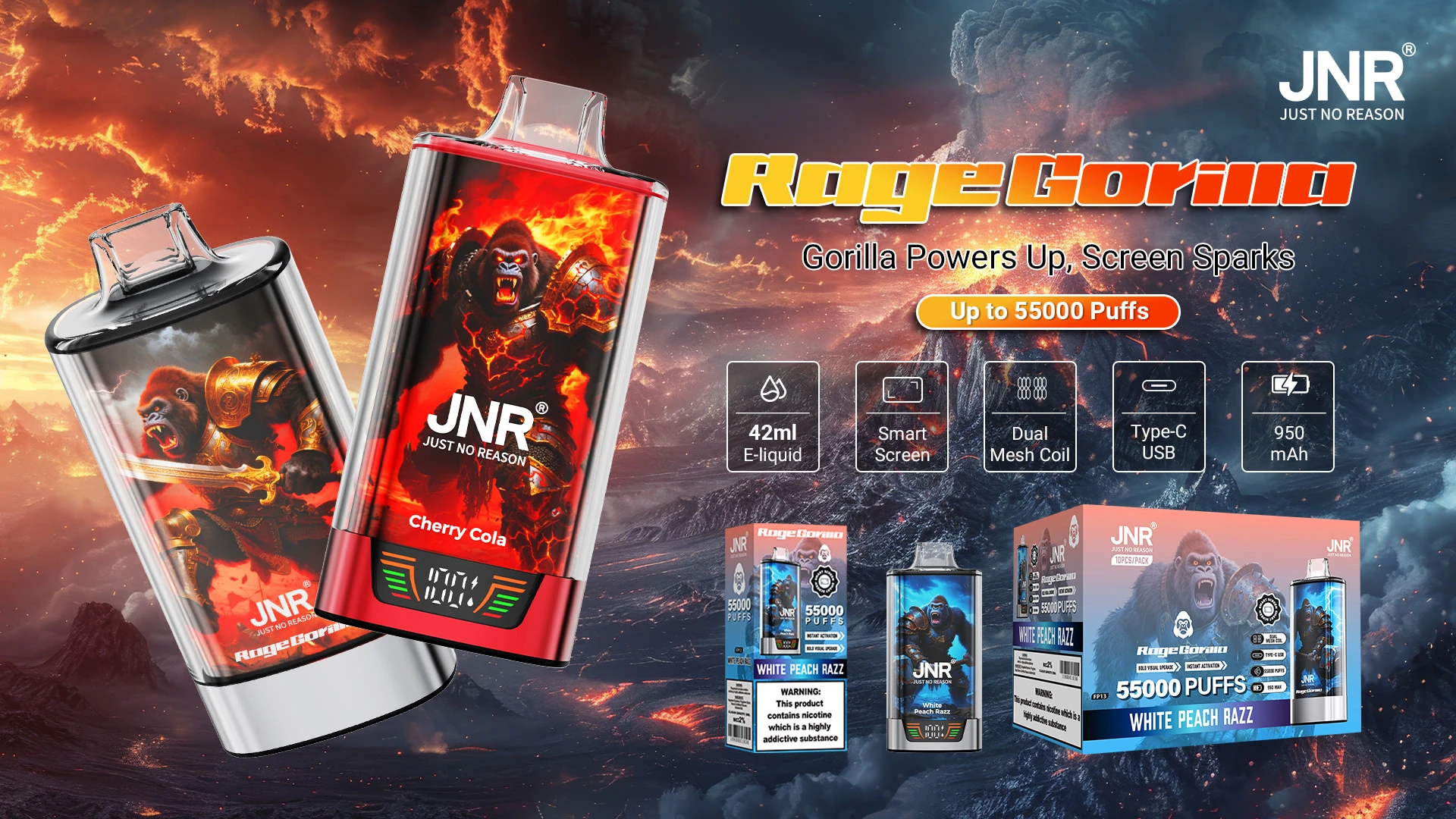 JNR RageGorilla 55K feature overview poster showing device renders, package examples, and key specs such as e-liquid, smart screen, mesh coil, USB-C, and battery capacity.