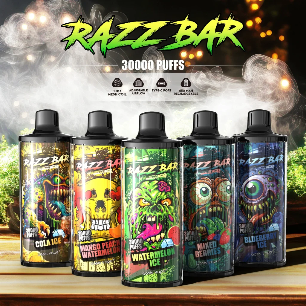 RAZZ BAR 30000 Puffs Strawberry Watermelon hero poster featuring the main device with a smaller Blue Razz Ice device and spec icons.