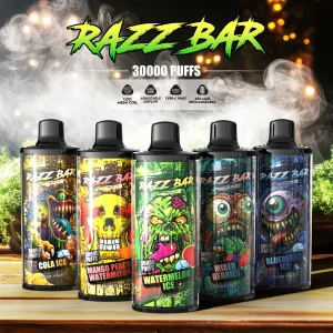 RAZZ BAR 30000 Puffs Strawberry Watermelon hero poster featuring the main device with a smaller Blue Razz Ice device and spec icons.