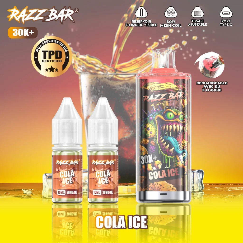 RAZZ BAR 30K+ Cola Ice product poster showing the device, matching e-liquid bottles, cola background, and TPD certification badge.