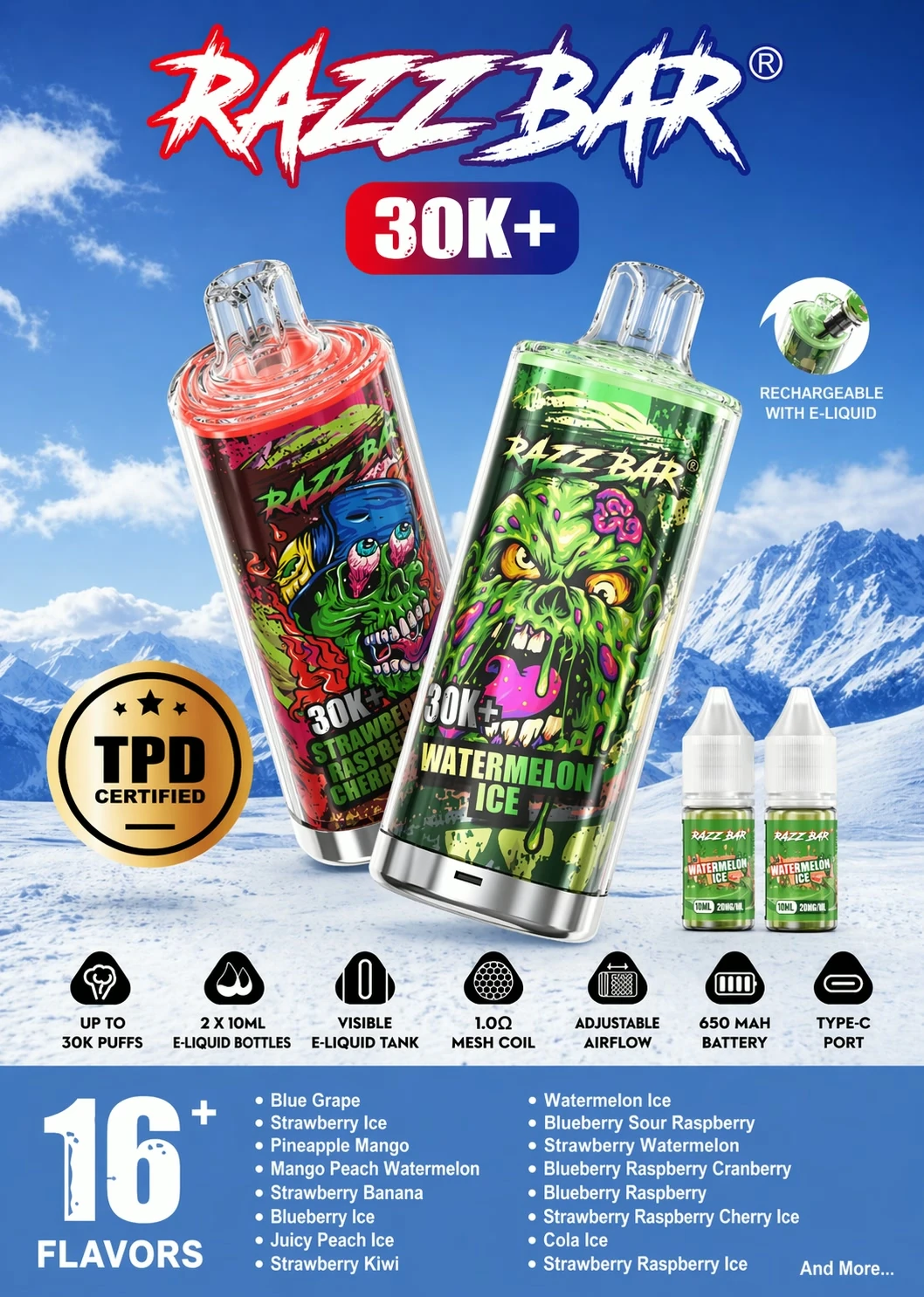 RAZZ BAR 30K+ feature overview poster showing device renders, e-liquid bottles, TPD badge, key specs, and a flavor list.