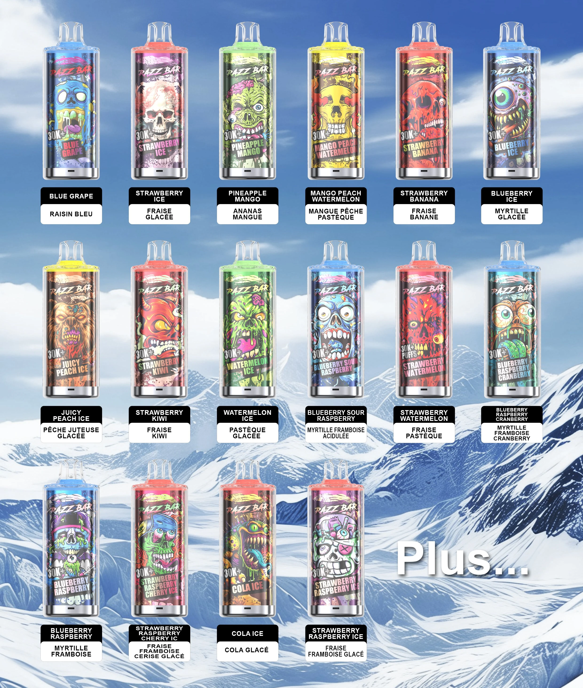 RAZZ BAR 30K+ flavor lineup poster showing the available flavor range in a multi-device grid.