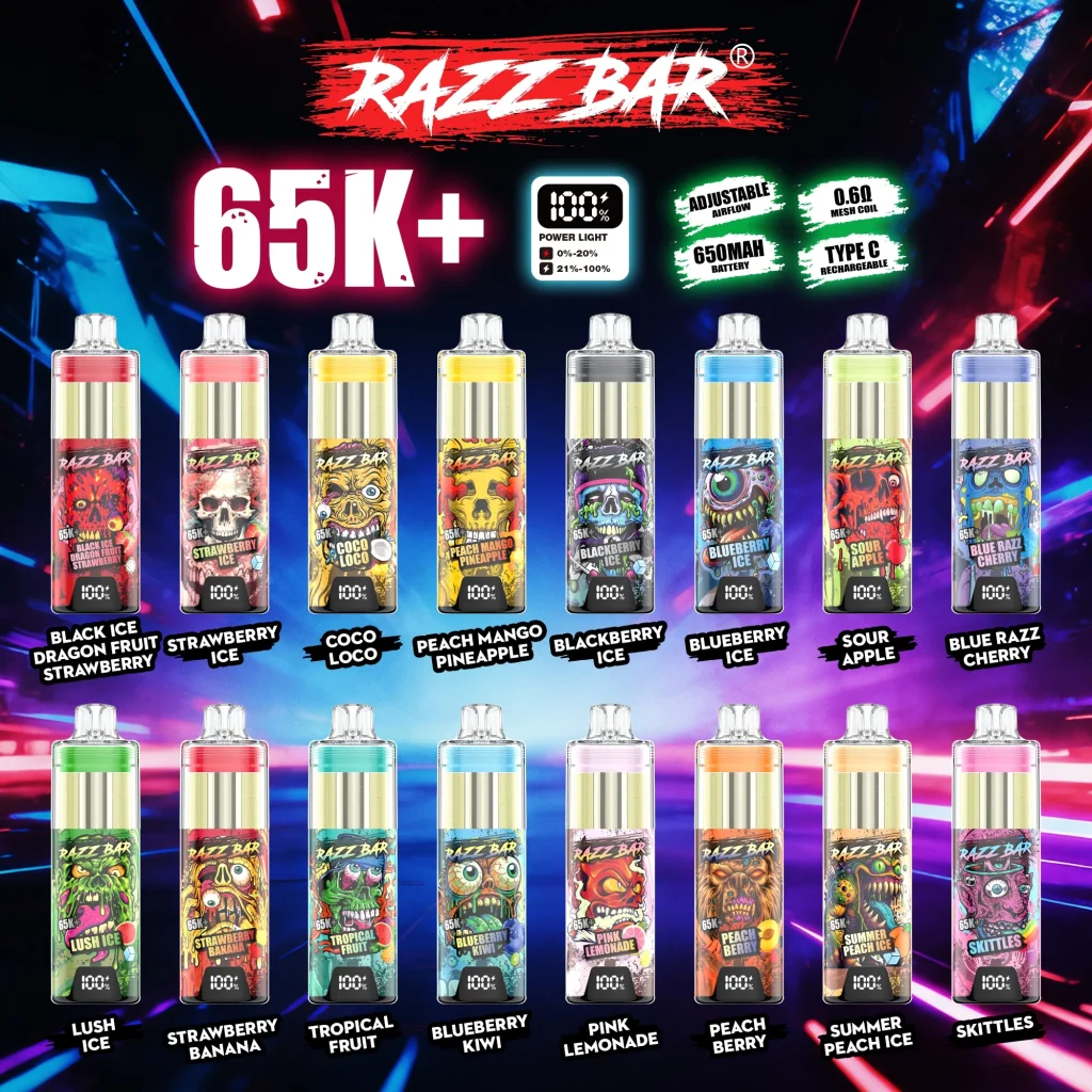 RAZZ BAR 65000 Puffs flavor lineup poster showing the full available flavor range with device thumbnails and feature callouts.