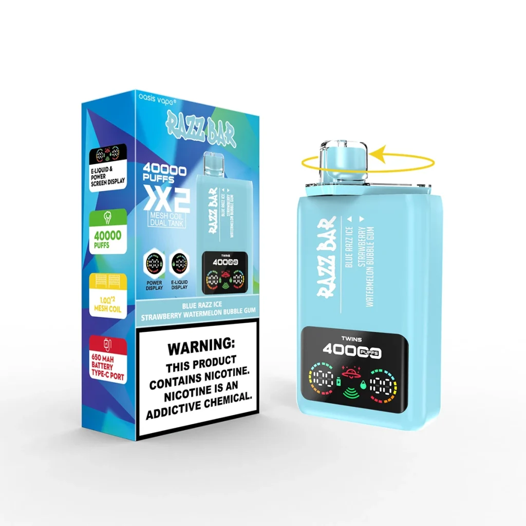 RAZZ BAR Twins 40000 Puffs retail box and device shown together for the Blue Razz Ice and Strawberry Watermelon Bubble Gum flavor pairing.