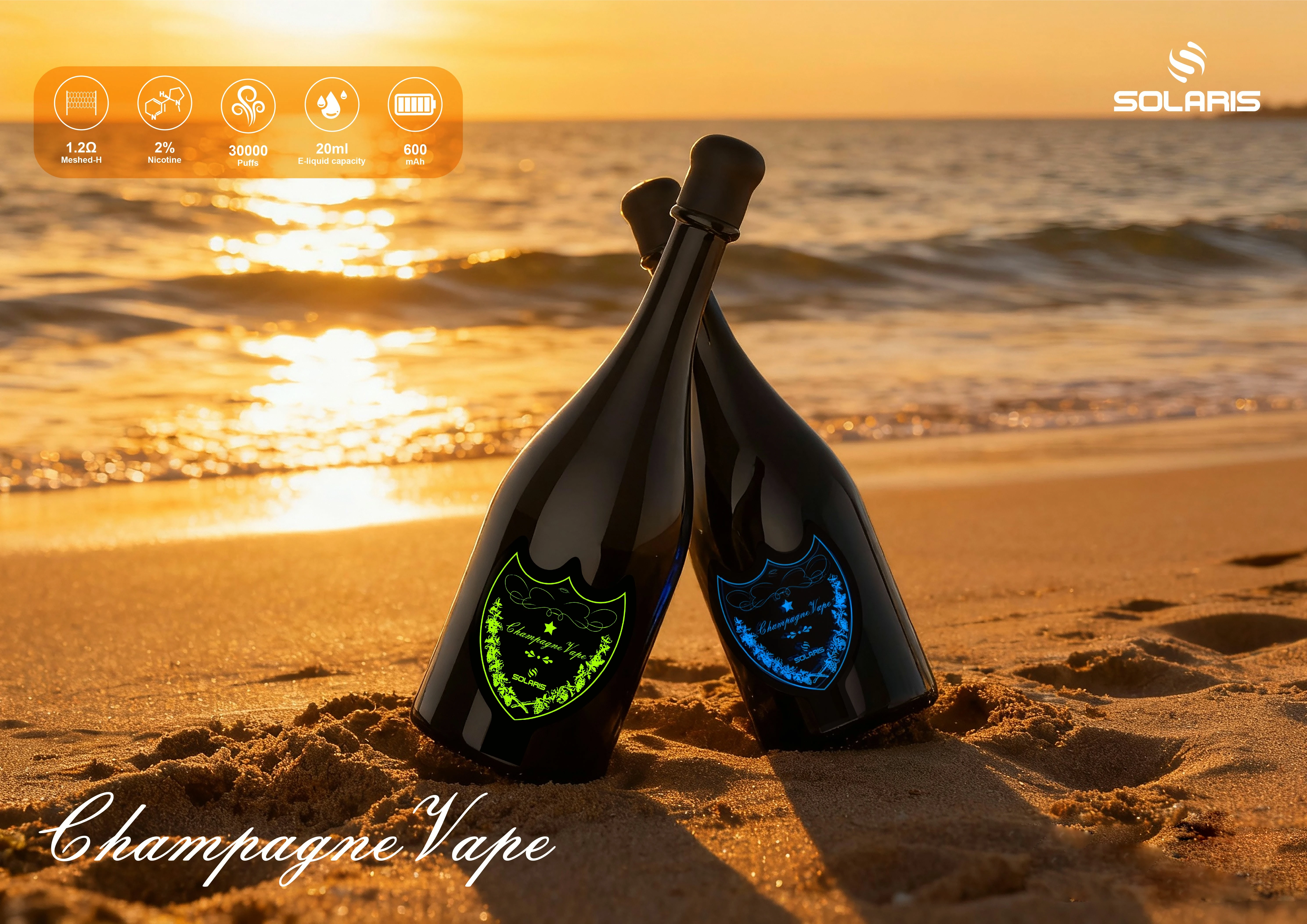 Close beach sunset poster showing two SOLARIS Champagne Vape 30000 devices in the sand.