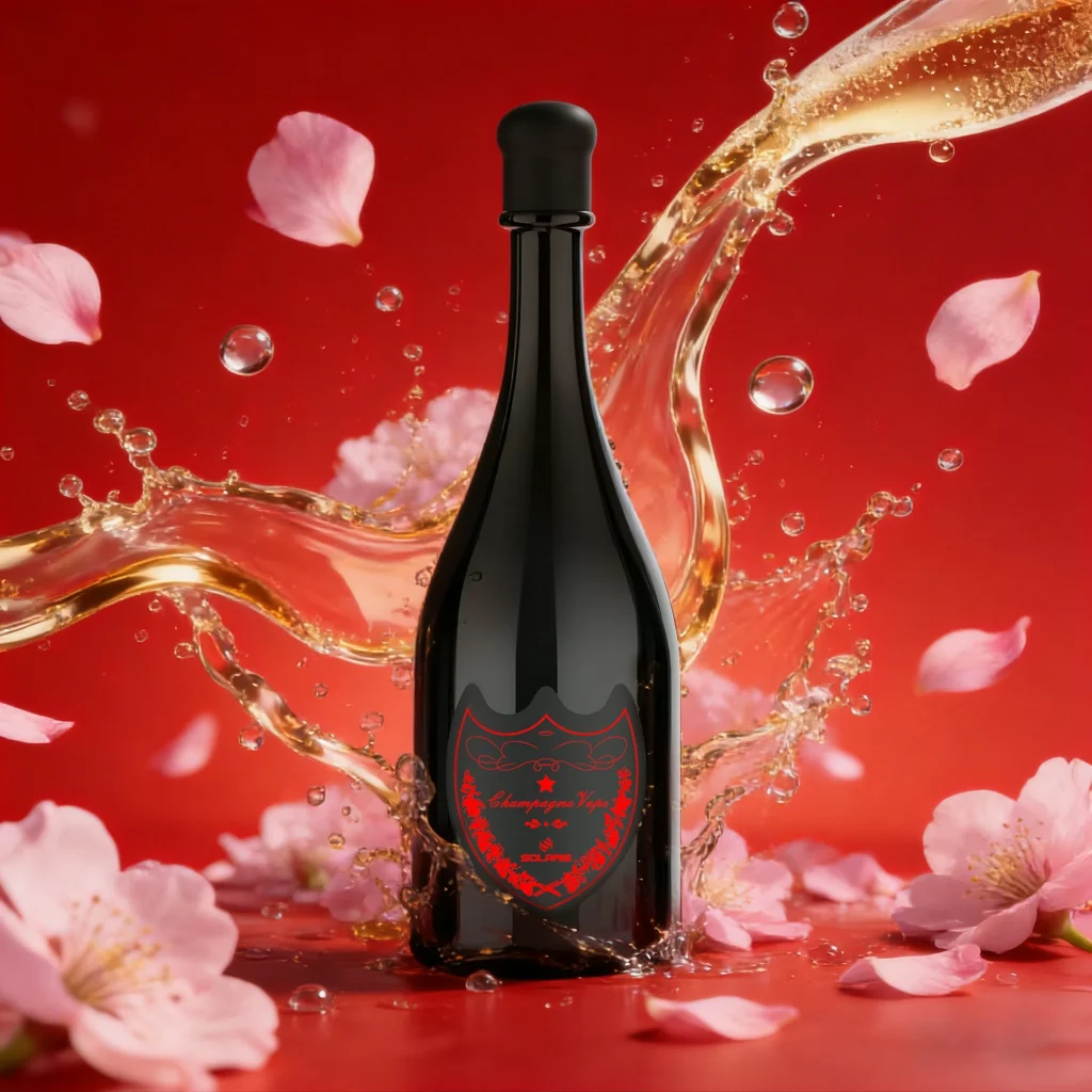 SOLARIS Champagne Vape 30000 poster with sparkling champagne splash and blossom petals on a red backdrop.