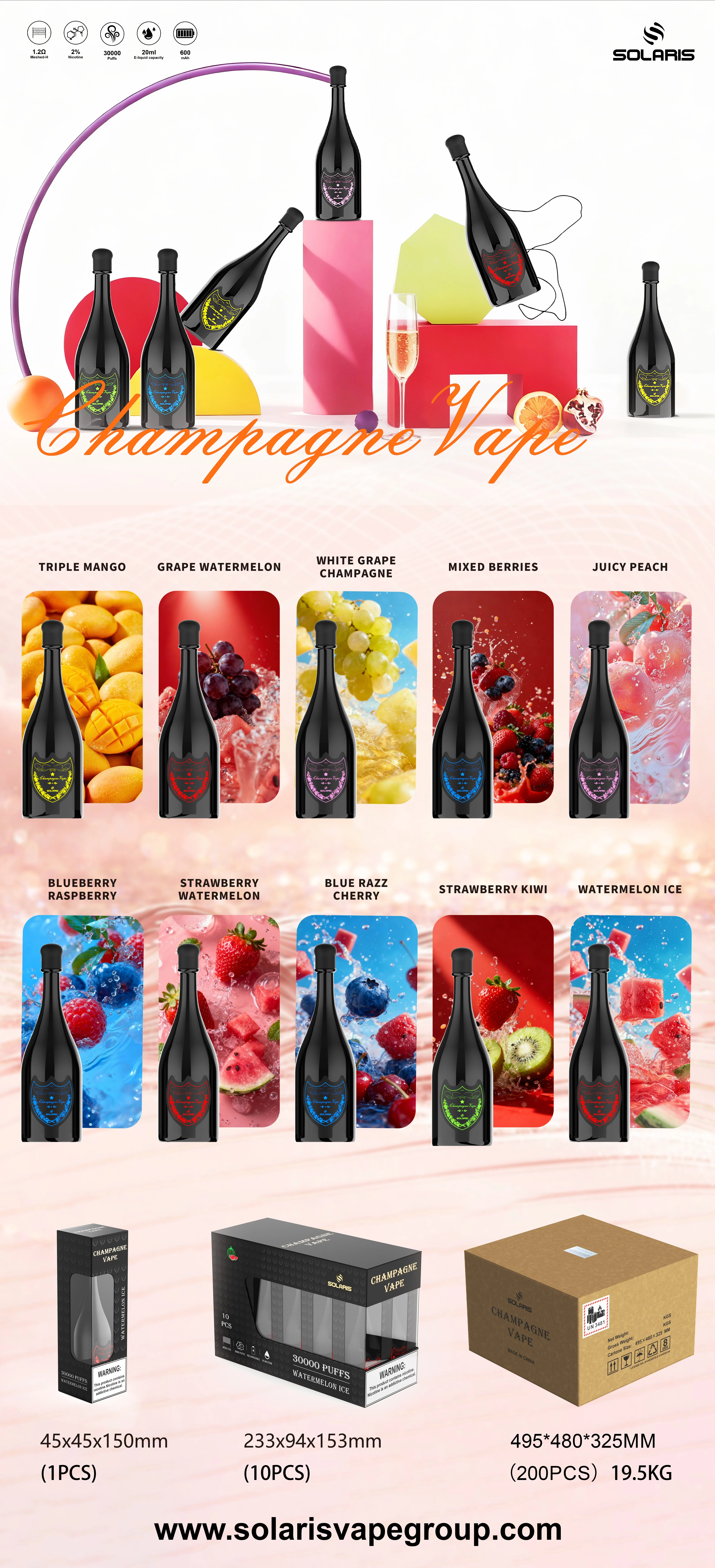 Full flavor lineup poster for SOLARIS Champagne Vape 30000 showing bottle design, specs, and assorted flavors.