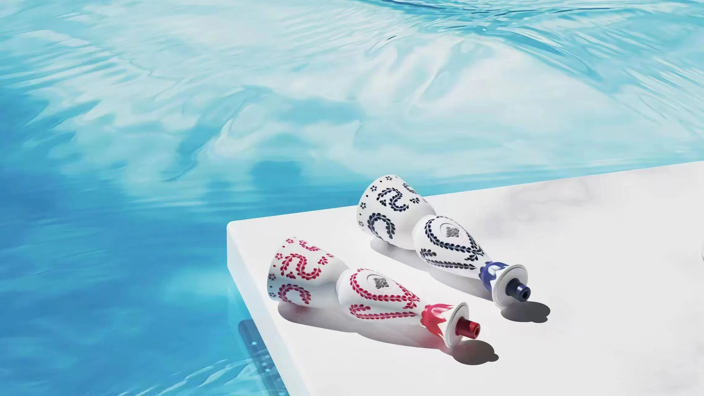 Two SOLARIS Humo Azul ceramic-style disposable vapes placed poolside in a bright lifestyle shot.