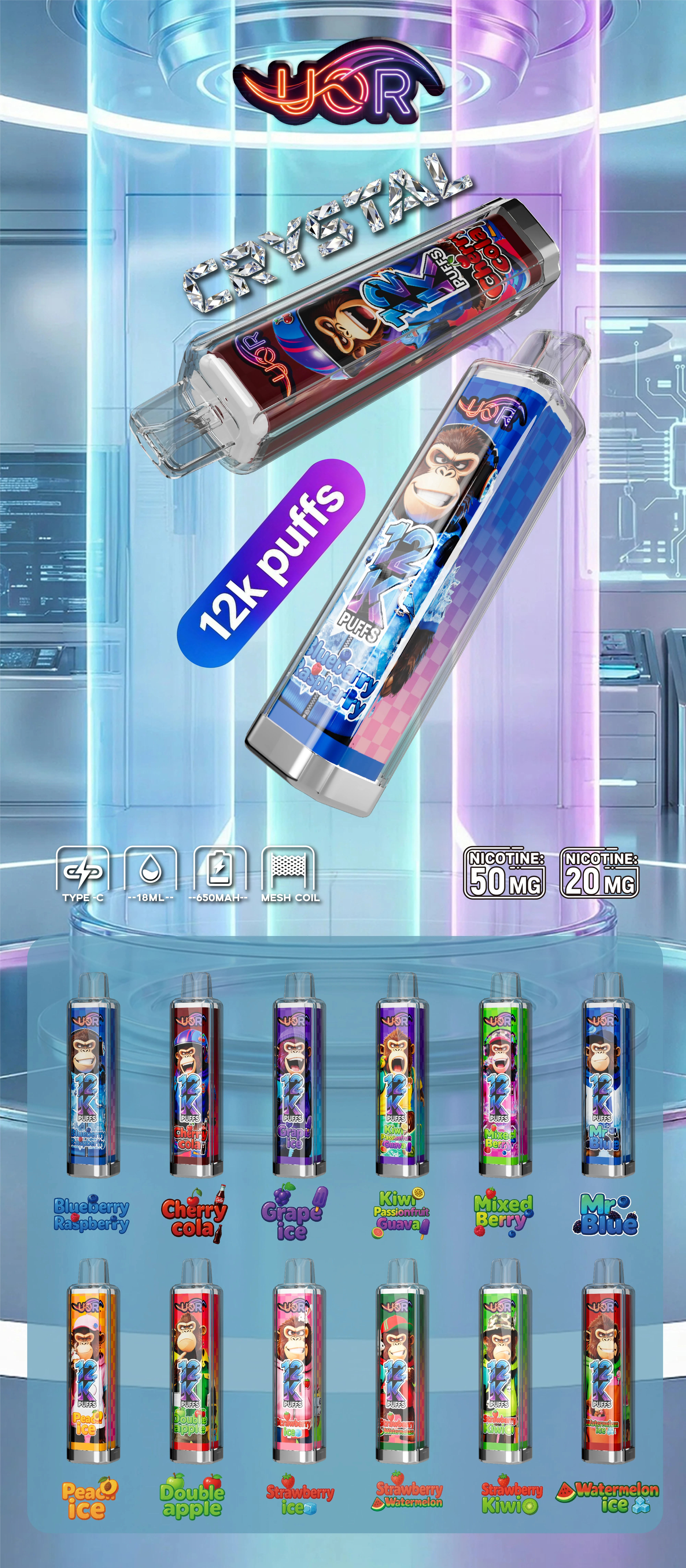 UOR Crystal 12K full flavor display poster showing all 12 flavors and the device lineup.